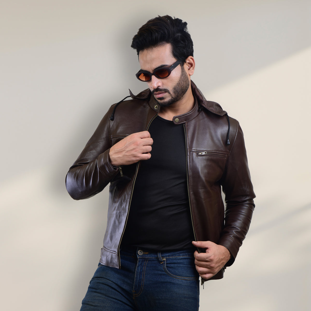 MENS LEATHER HOODED JACKET 410139(BROWN) – SREELEATHERS