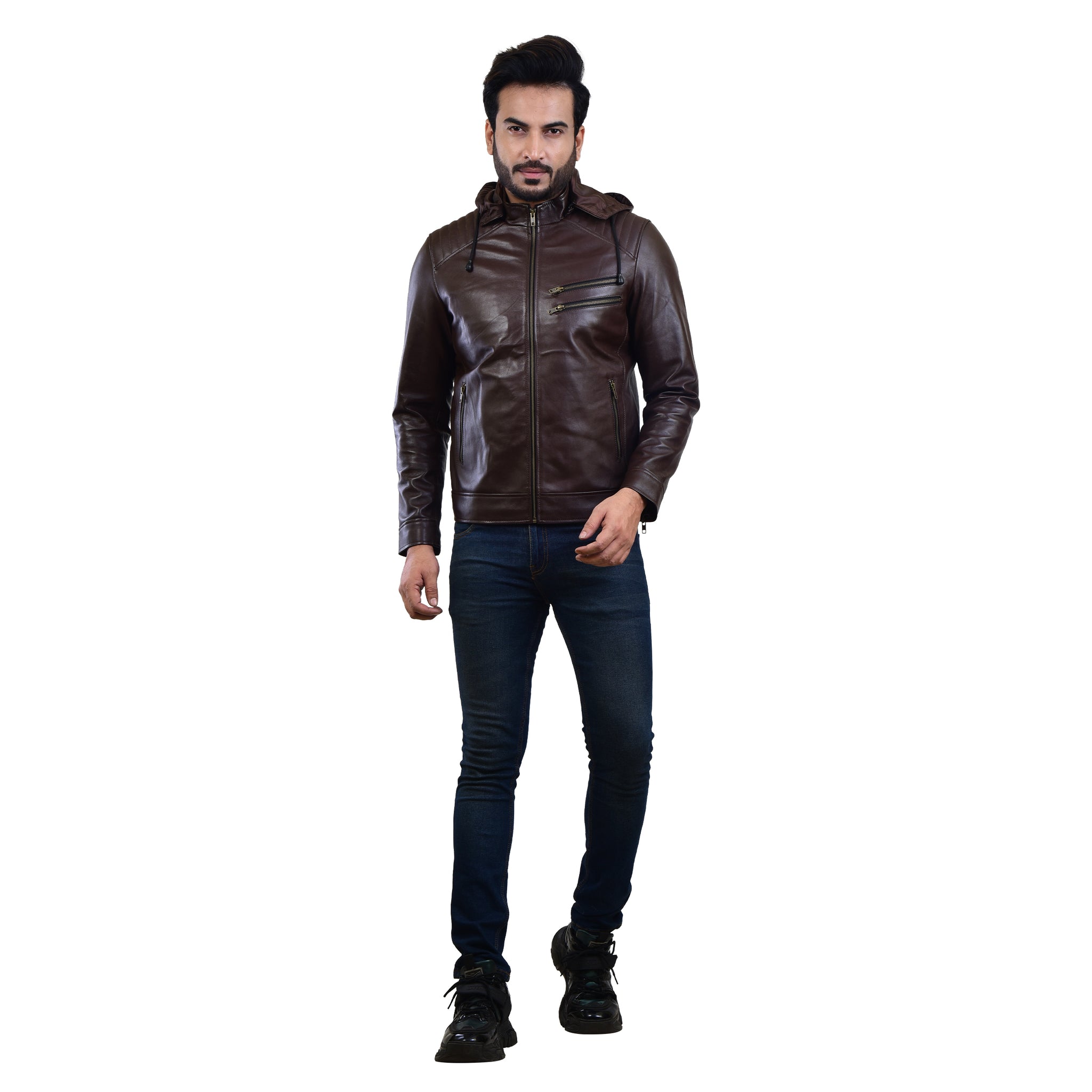 MENS LEATHER HOODED JACKET 410145(BROWN) – SREELEATHERS