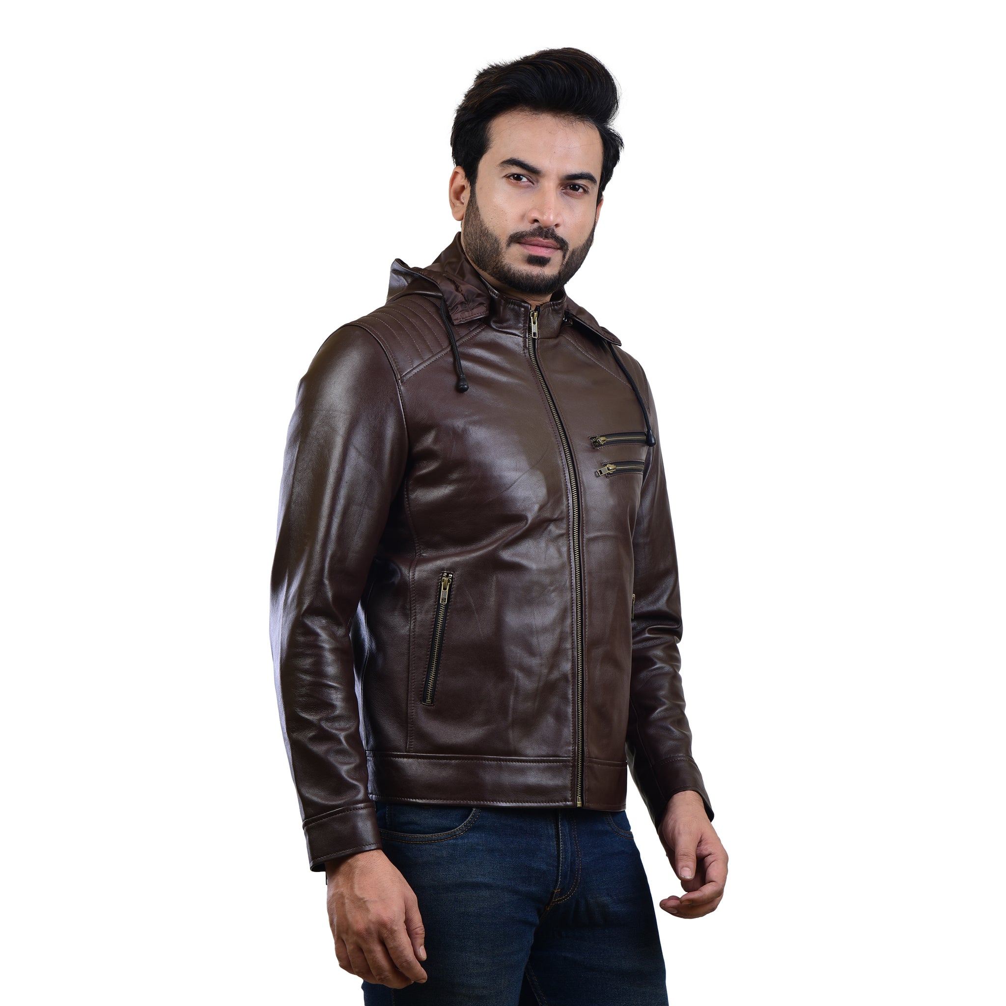 MENS LEATHER HOODED JACKET 410145(BROWN) – SREELEATHERS