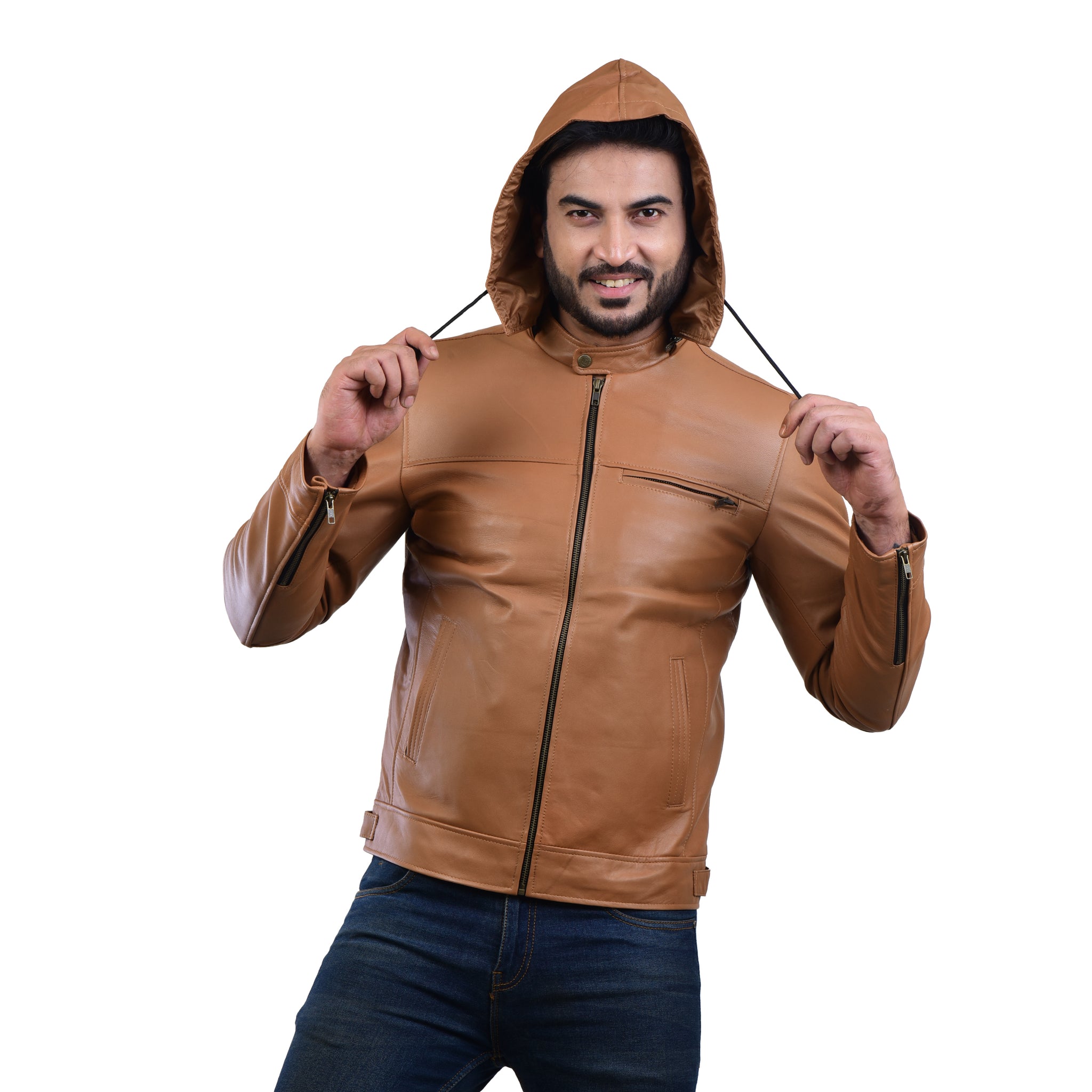 MENS LEATHER HOODED JACKET 410139(TAN) – SREELEATHERS