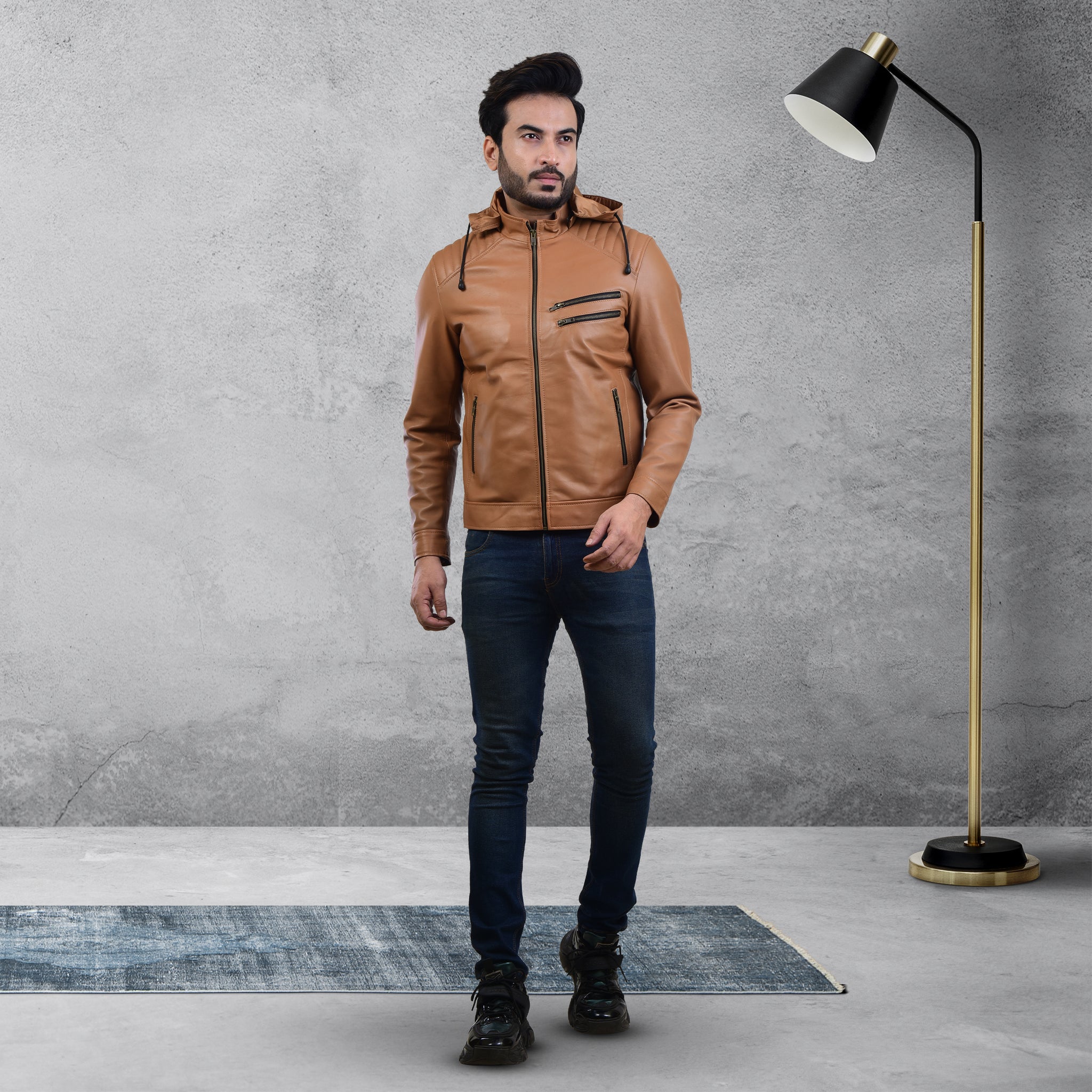 MENS LEATHER HOODED JACKET 410145(TAN) – SREELEATHERS